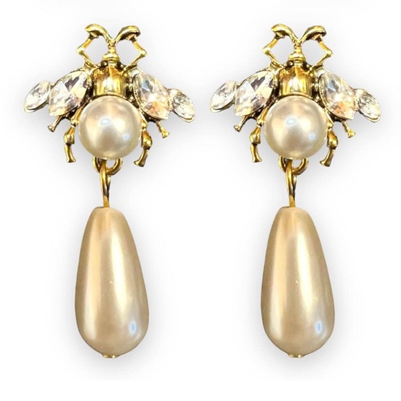 Elegant Gold and Pearl Crystal Bee Drop Earrings - Picture 1 of 3